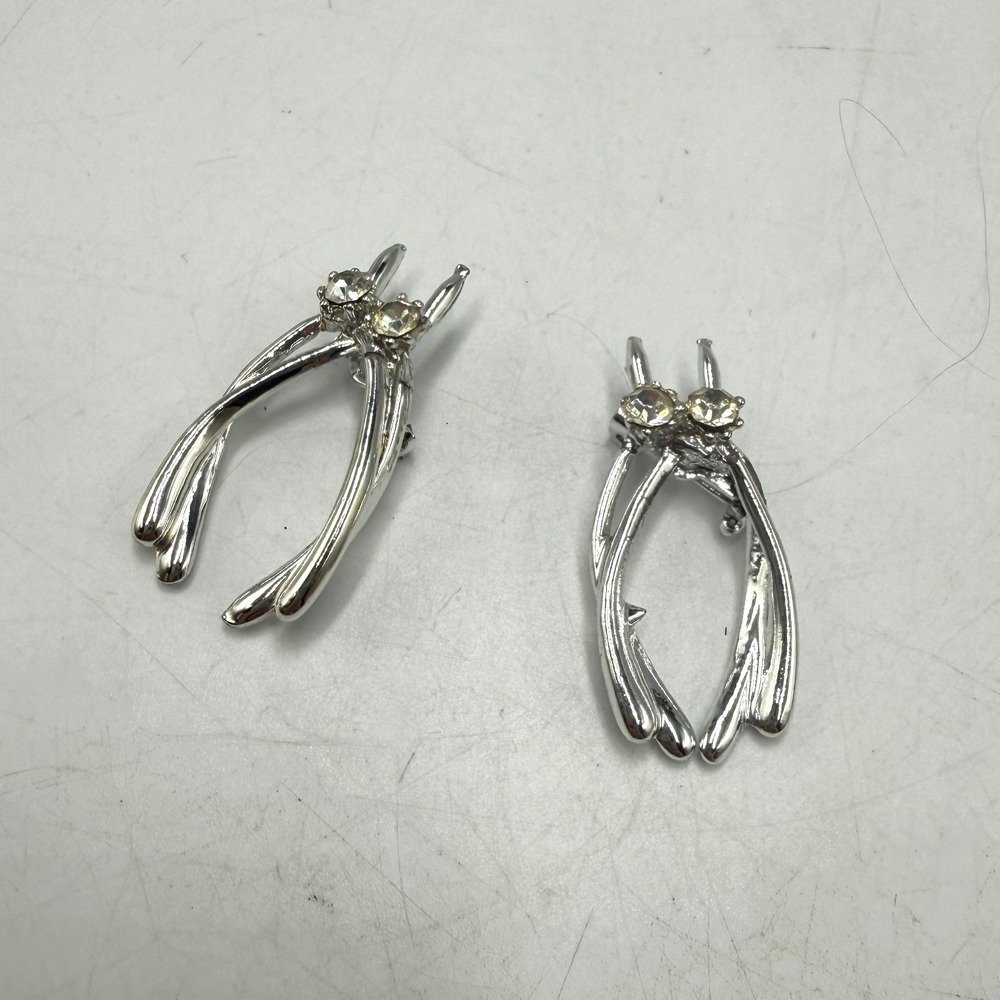 Vintage Silver Tone Rhinestone Wishbone Brooch Pin Set of 2 Luck Charm Accessory